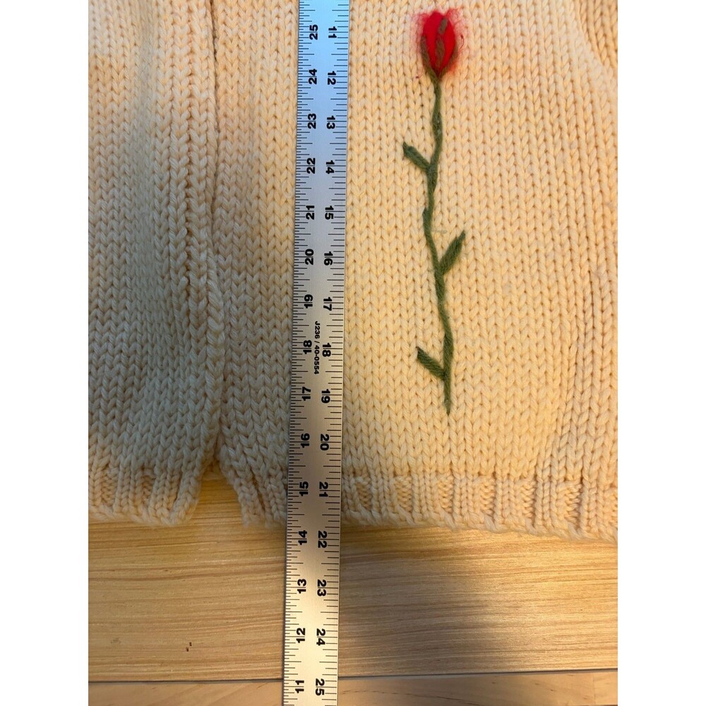 Cream Chunky Knit Cardigan Red Rose Floral Embroidered Shawl Collar Cottagecore - Picture 6 of 6